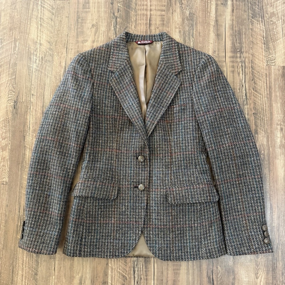 Vtg Wool Houndstooth Blazer Union USA 0/2 Multi Color Heritage Academia Fall